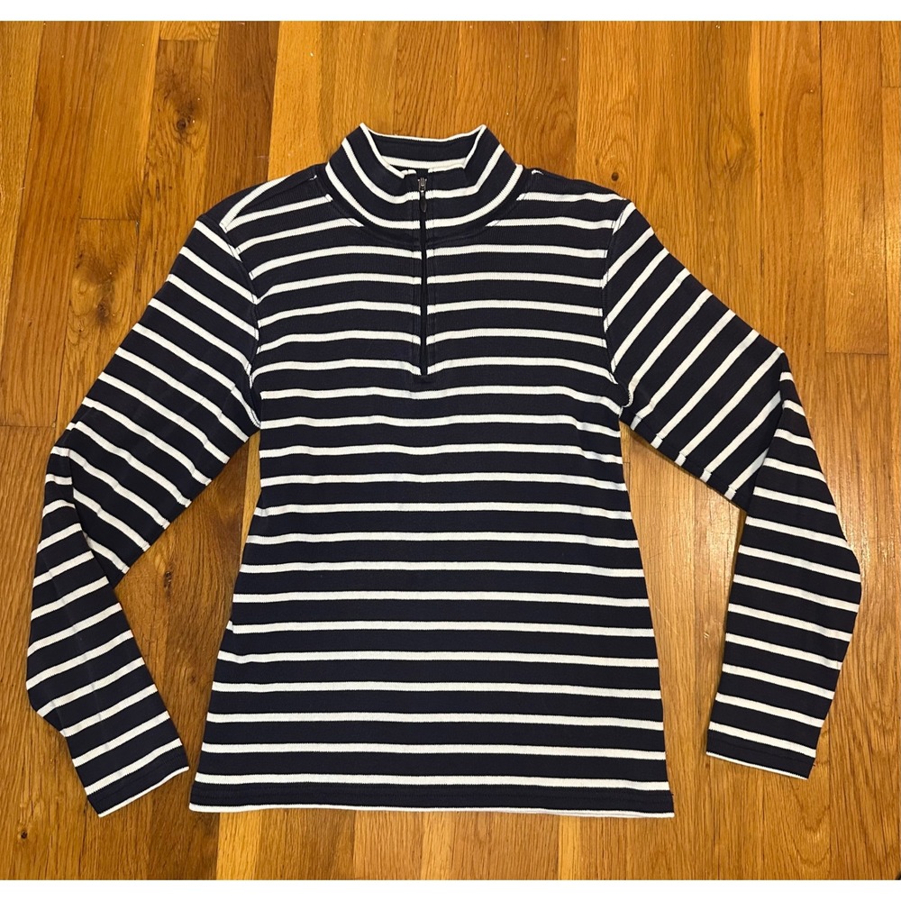 LL Bean Womens Small Navy White Striped 1/4 Zip Cotton Ribbed Pullover 223204